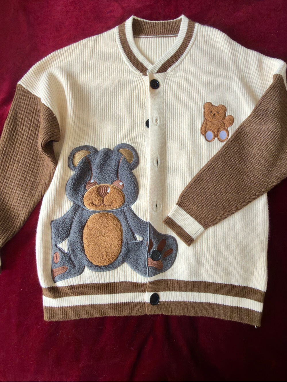 FA Cream and Brown Teddy Patch Knit Cardigan